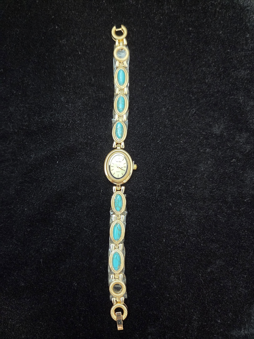 Gold Tone Bracelet Watch with Turquoise Inlay